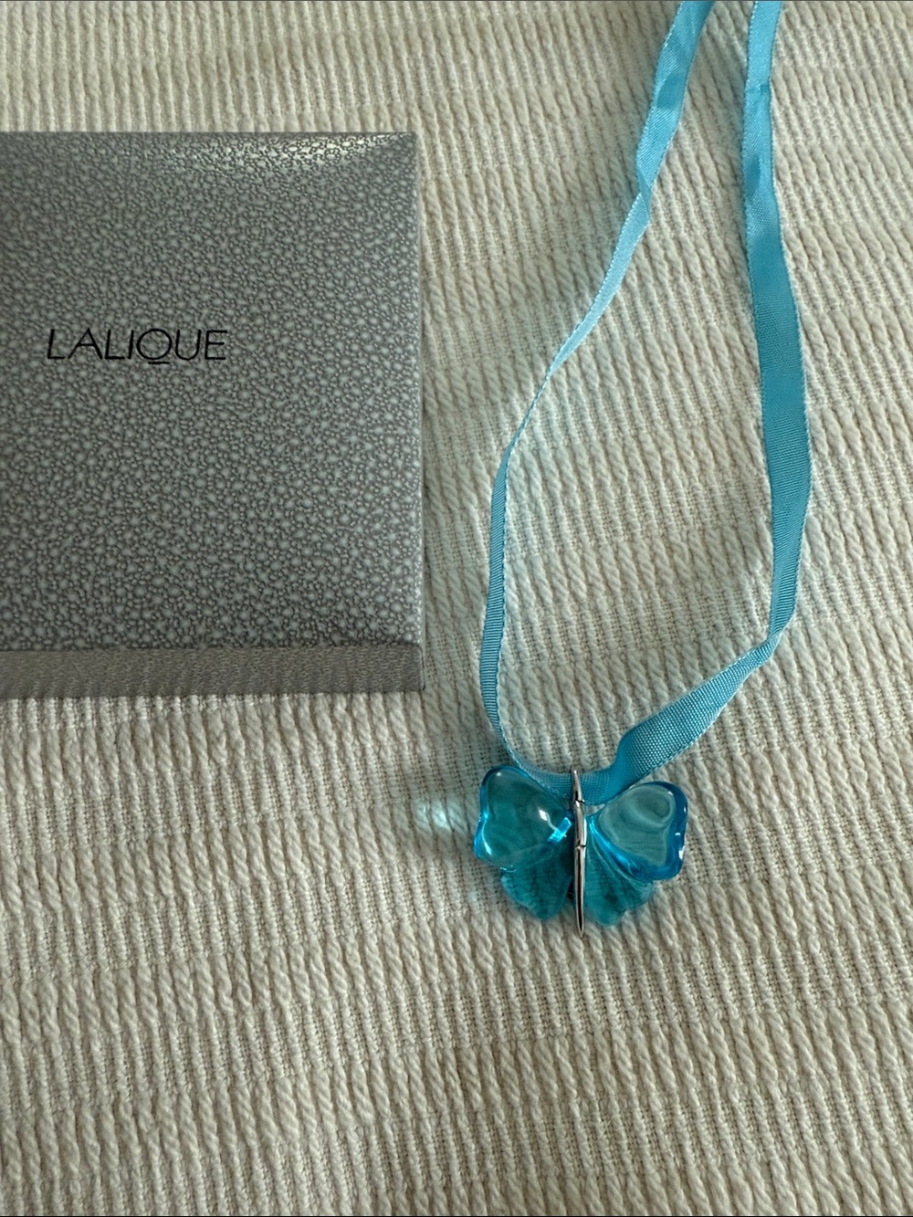 Lalique Turquoise Glass Butterfly Ribbon Pendant